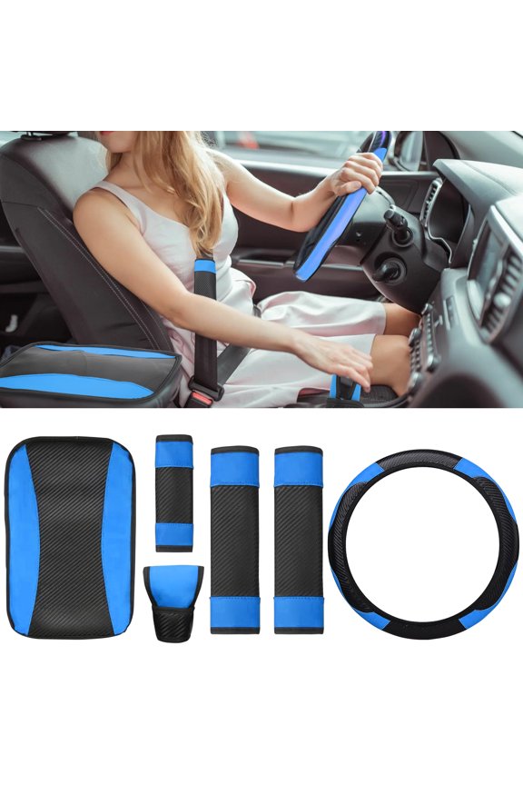 Car Carbon Fiber Accessories Set with Steering Wheel, Gear Shift, Handbrake, Center Console, Seat Belt Cover, Blue