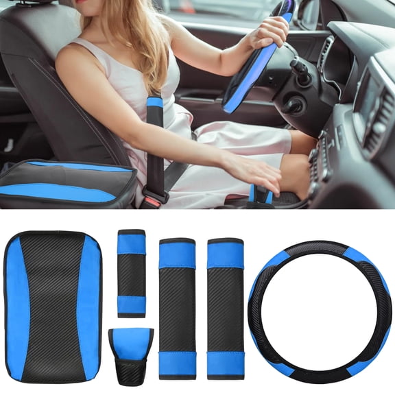 EEEkit Car Carbon Fiber Accessories Set with Steering Wheel, Gear Shift, Handbrake, Center Console, Seat Belt Cover, Blue