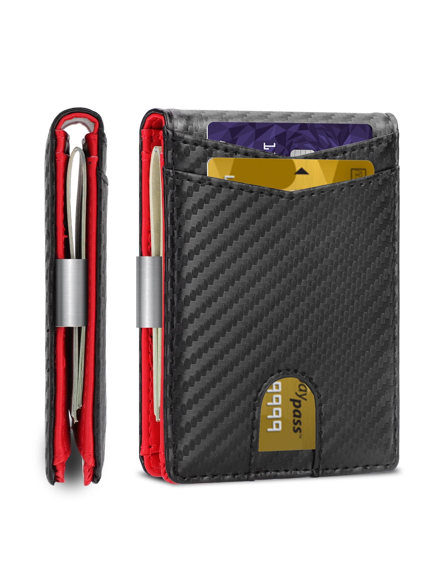 VTLASK Men's Slim RFID Blocking Wallet - Genuine Leather Minimalist Bifold With Carbon Fiber Look