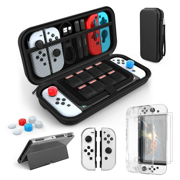 EEEkit Carrying Case Fit for Nintendo Switch OLED Model, 13-in-1 Accessories Bundle with Portable Travel Bag, Clear Protective Cover Case, HD Screen Protector, Thumbstick Caps