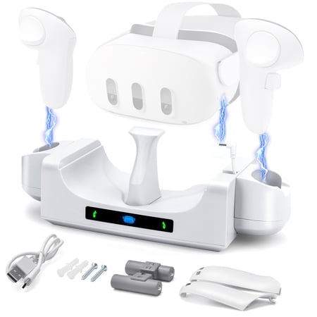 EEEkit Charging Dock Fit for Oculus/Meta Quest 3, Fast Charging Stand with 2 Rechargeable Batteries, Battery Cover, Extension Cables, VR Headset Display Stand and Controller Mount