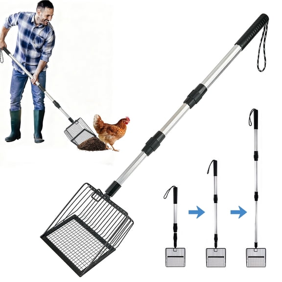EEEkit Chicken Poop Scooper, 42 in Stainless Steel Sifting Shovel with Adjustable Handle, Poultry Coop Cleaning Tools for Chicken Coop, Goat Stall, and Stable
