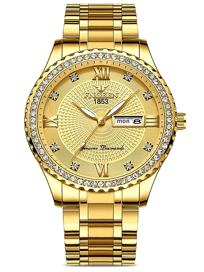 EEEkit Men's Diamond Gold Watch, Stainless Steel Waterproof Quartz