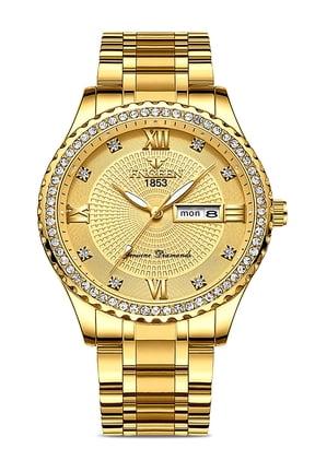 Classic Diamond Gold Watches for Men, Stainless Steel Waterproof Dress Watch, Men's Quartz Analog Wristwatch