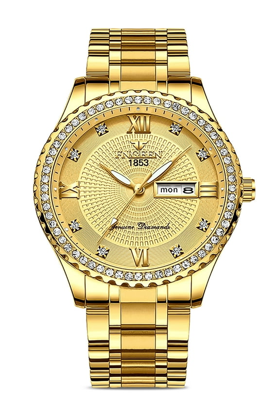 Classic Diamond Gold Watches for Men, Stainless Steel Waterproof Dress Watch, Men's Quartz Analog Wristwatch