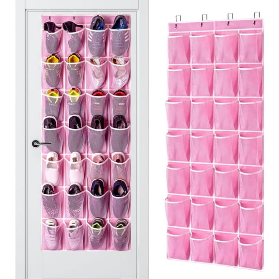 EEEkit Over the Door Shoe Organizer, 28-Pocket Hanging Shoe Organizer, Space Saving Storage Holder, Large Shoe Rack for Entryway Bedroom Closet Storage, Pink