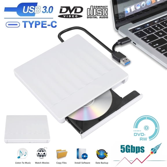 EEEkit External CD DVD Drive Burner USB 3.0 Type-C Portable CD/DVD ROM +/-RW Optical Drive Player Reader, External CD Drive for Laptop, PC, Mac MacBook Pro/ Air, Windows 11/10 - White/Black