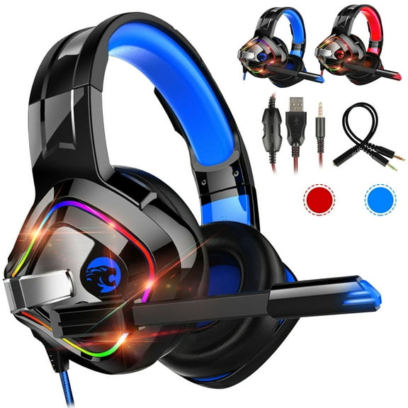 EEEkit Gaming Headset Fit for PS4/PC with Mic Noise Canceling, Stereo Surround Sound, RGB LED Light, 3.5mm Over-Ear Headphones Fits for Laptop, Mac, Xbox One, Nintendo Switch, Gamecube