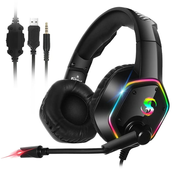 EEEkit Gaming Headset Fit for PS5, PS4, PC, Xbox, Nintendo Switch, USB + 3.5mm Wired Noise Cancelling Over-Ear Gaming Headphones with Mic, Stereo Surround Sound, Soft Earmuffs