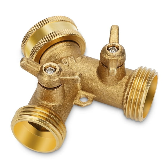 EEEkit Garden Hose Splitter 2 Way, Heavy Duty Brass Y-Shaped Garden Hose Connector with Shut Off Valve