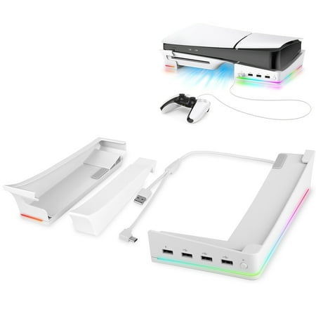 EEEkit Horizontal Stand Fit for PS5 Slim Disc/Digital Console with RGB Light, 4 USB Hubs