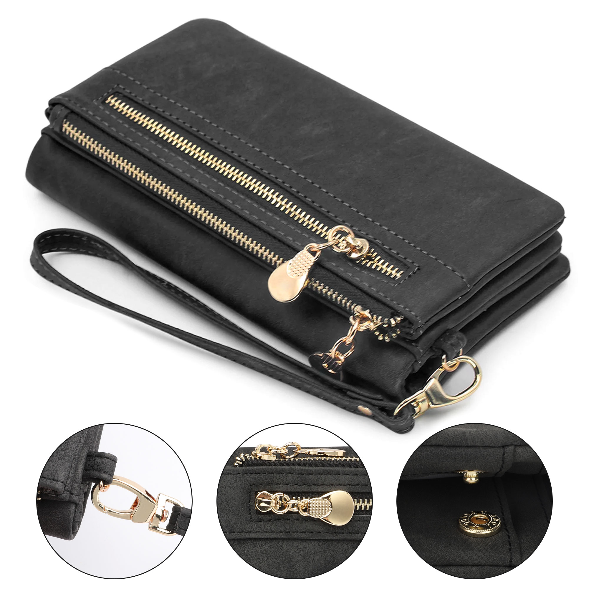 EEEkit Leather Clutch Wallet for Women, Large Capacity Bifold Credit Card Holder, Ladies Stylish Zipper Purse with Wristband - image 1 of 8