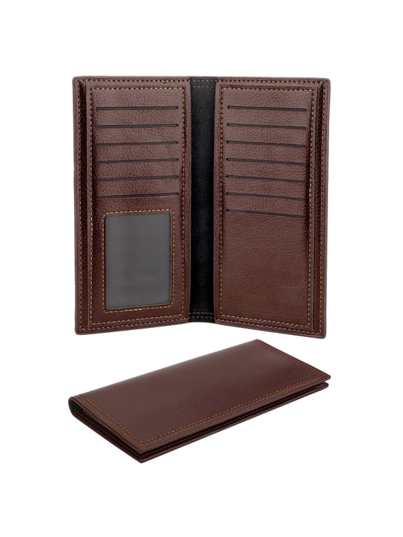 Long Bifold Wallet for Men, Slim PU Leather Purse, RFID Blocking Credit Card Holder, Brown