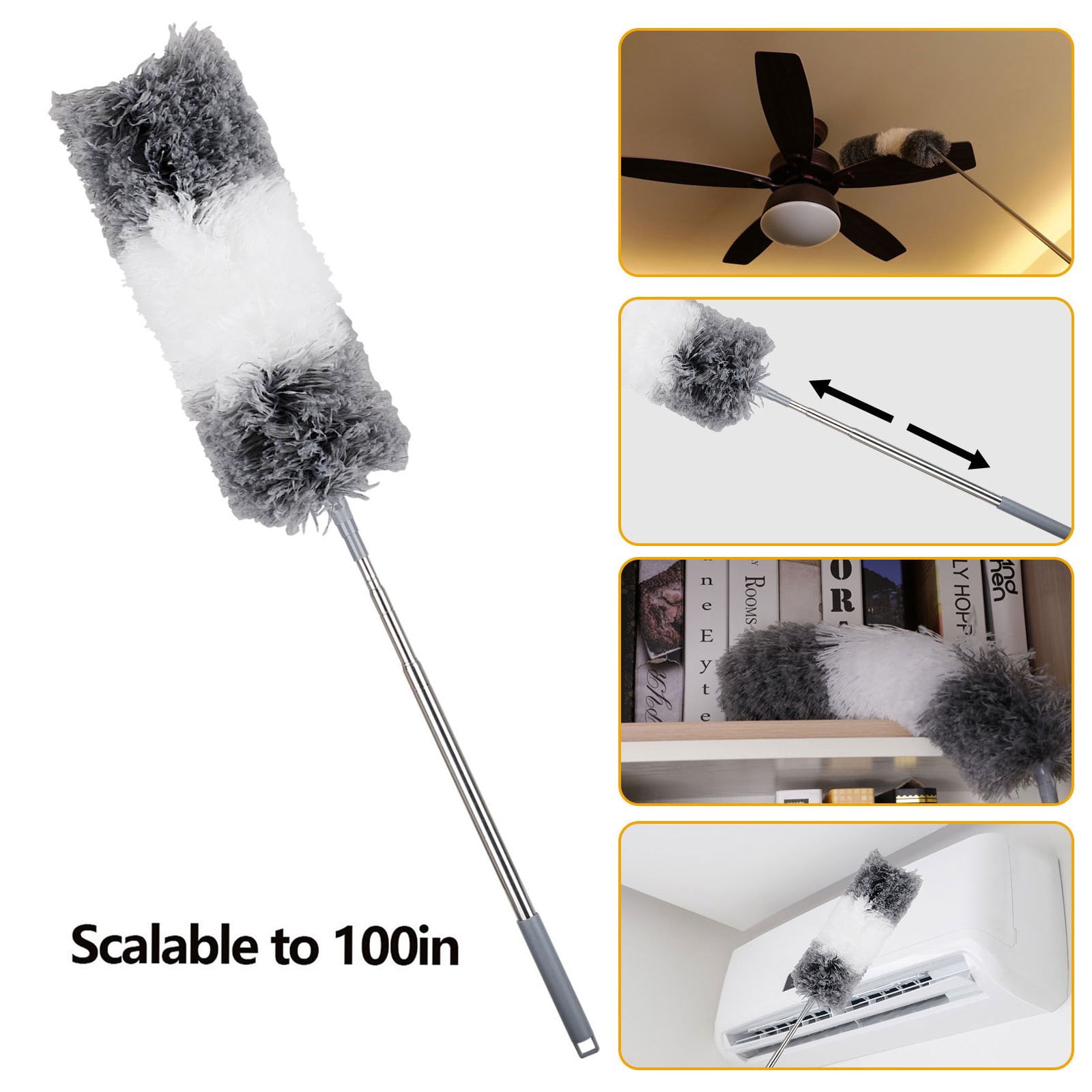 Ceiling Fan Duster with Extension Pole, Cobweb & Corner Brush Cleaning Kit W 2 Duster Heads for Cleaning,15-100 inch Long Handle Aluminum