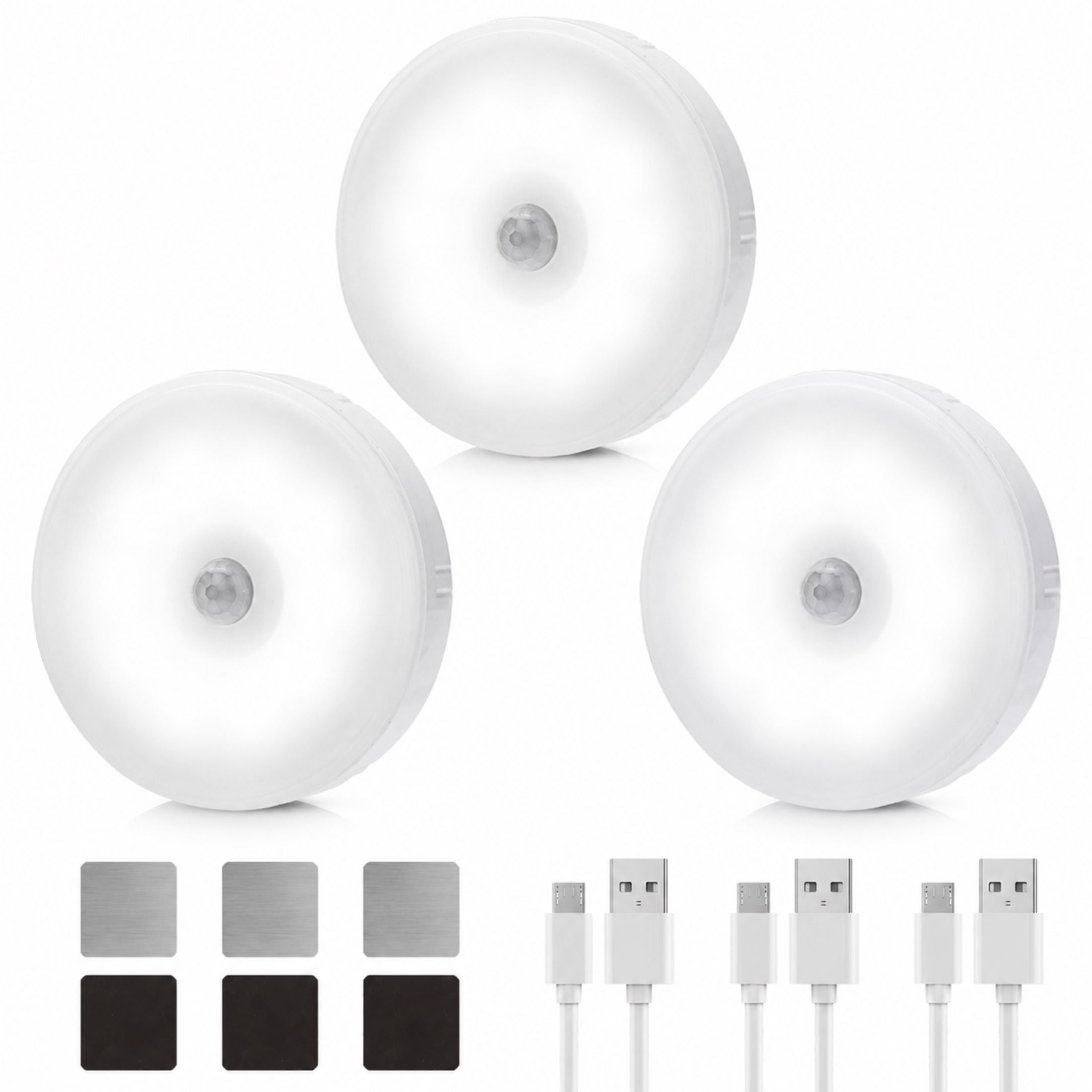 EEEkit Motion Sensor Puck Lights, Wireless 10 LED Under Cabinet Lighting, USB Rechargeable (3Pcs, White)