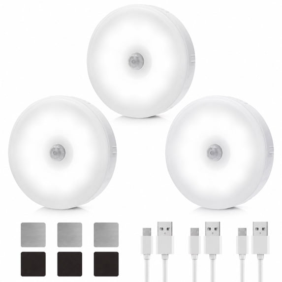 EEEkit Motion Sensor Puck Lights, Wireless 10 LED Under Cabinet Lighting, USB Rechargeable (3Pcs, White)