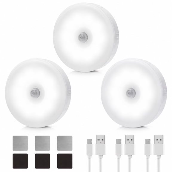 EEEkit Motion Sensor Puck Lights, Wireless 10 LED Under Cabinet Lighting, USB Rechargeable (3Pcs, White)