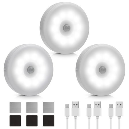 EEEkit Motion Sensor Puck Lights, Wireless 10 LED Under Cabinet Lighting, USB Rechargeable (3Pcs, White)