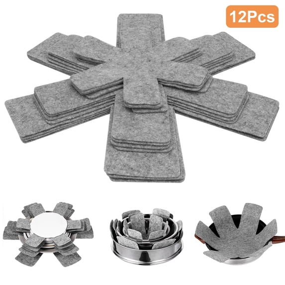 EEEkit Pot Pan Protectors, 12pcs Cookware Separator Pads, 3 Sizes Pan Protectors for Stacking and Scratch Protection, Gray