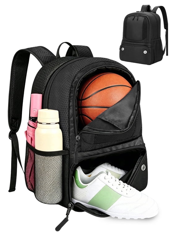 Soccer Basketball Training Bag, Sports Backpack with Ball & Shoe Compartment, Athletic Gear Backpack for Gym, Practice, Black