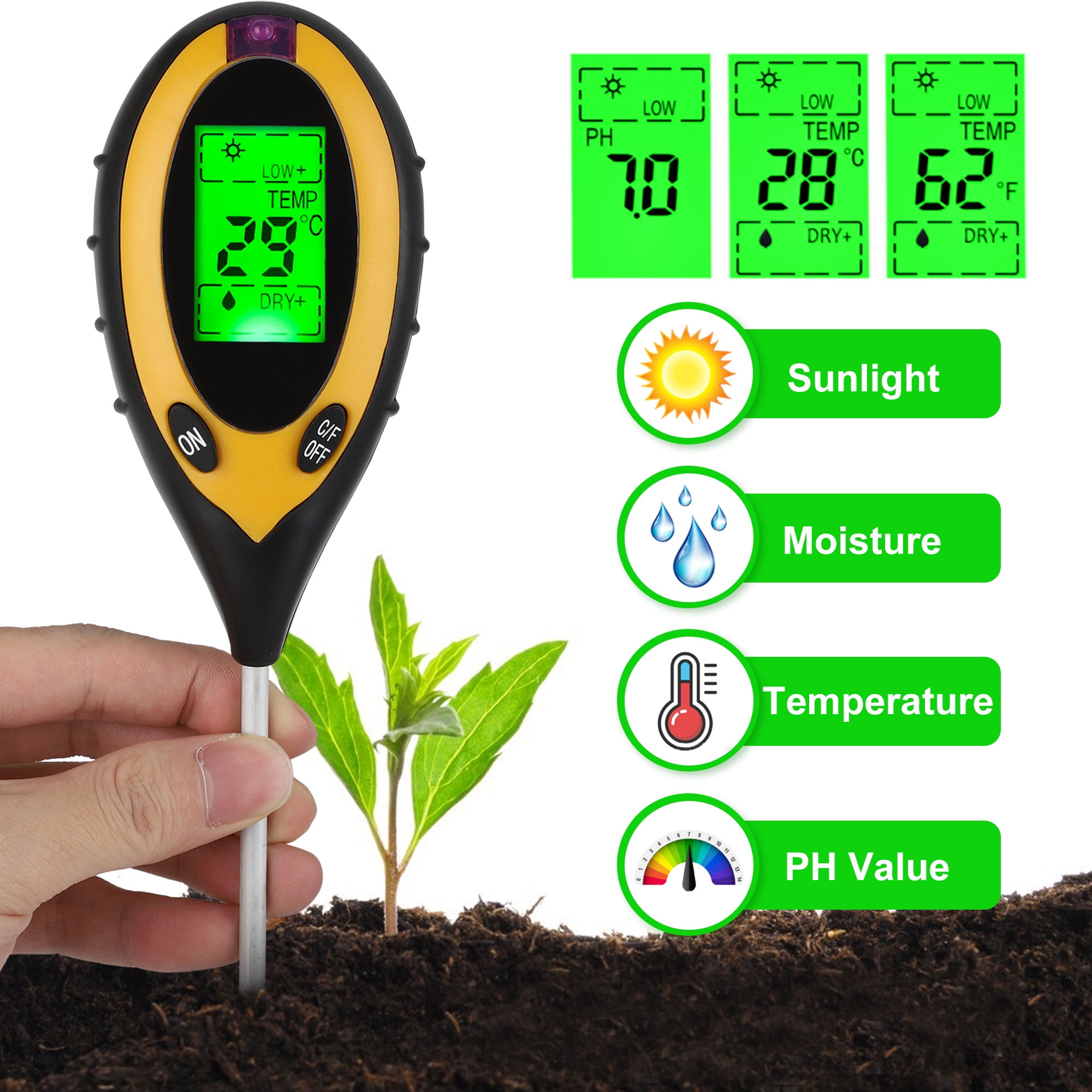 Digital Soil Thermometer 4-in-1 Soil Tester Soil Thermometer/Light/Air  Temperature/Air Humidity Meter Digital Soil/Plant Environment Survey  Instrument Sunlight Tester Plant Monitor 