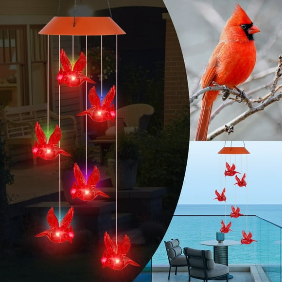 EEEkit Solar Cardinal Red Bird Wind Chime Lights, LED Cardinal Mobile Wind Chimes with S Hook, IP65 Waterproof for Patio Deck Yard Garden Home Decor