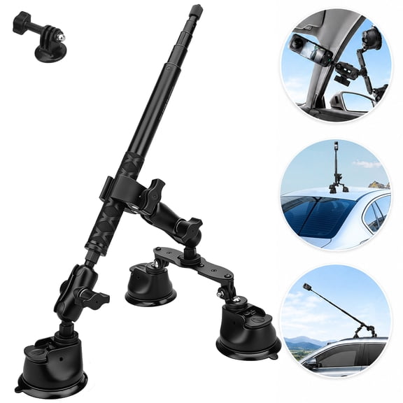 EEEkit Suction Car Mount for Action Cameras, Triple Suction Car Holder Compatible with GoPro and Insta360, Suction Mount Kit for Car Roof and Window, Black