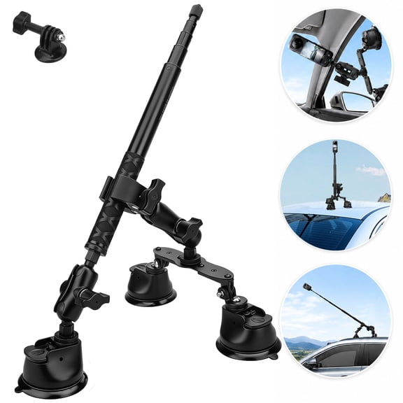 EEEkit Suction Car Mount for Action Cameras, Triple Suction Car Holder Compatible with GoPro and Insta360, Suction Mount Kit for Car Roof and Window, Black