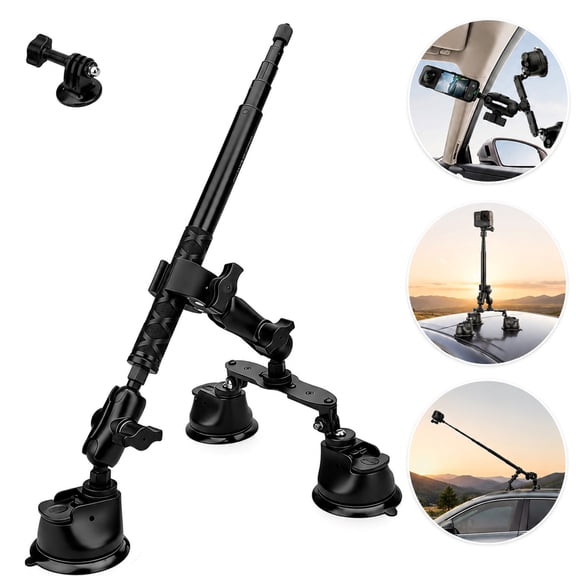 EEEkit Suction Car Mount for Action Cameras, Triple Suction Car Holder Compatible with GoPro and Insta360, Suction Mount Kit for Car Roof and Window, Black