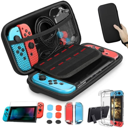 EEEkit Switch Carrying Case Fit for Nintendo Switch, 14-in-1 Accessories Bundle with Protective Travel Pouch, Clear Case Cover, Screen Protector, Thumb Grips, 10 Game Card Slots, Black