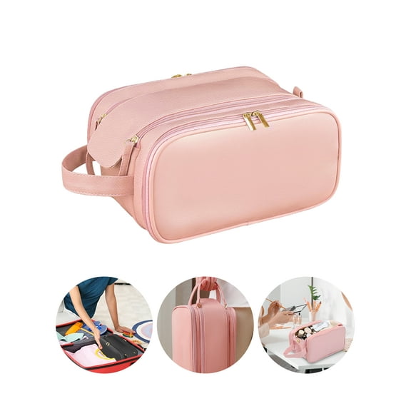 EEEkit Travel Toiletry Bag, Waterproof PU Leather Travel Pouch with Handle, Compact Makeup Organizer, Black/Pink