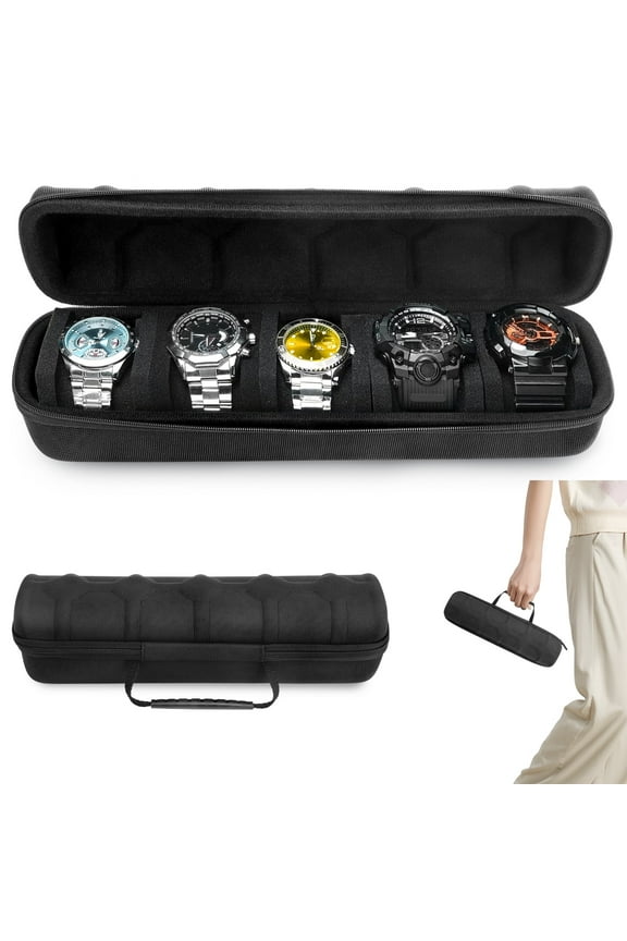 Travel Watch Organizer Box with Handle, Portable Watch Storage Case for Men and Women, 5 Slots