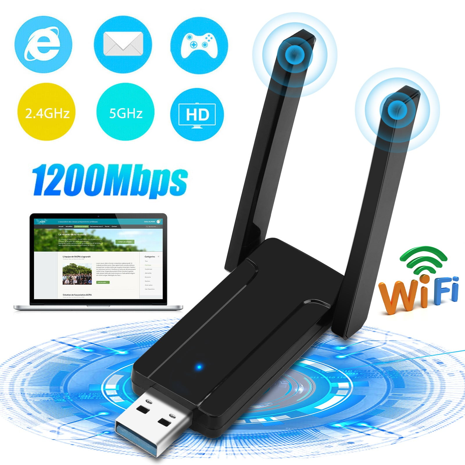 Regenerativ forvrængning notifikation EEEkit USB WiFi Adapter for PC 1200Mbps Dual Band 2.4GHz/5GHz Fast USB3.0  High Gain 5dBi Antenna 802.11ac WiFi Dongle Wireless Network Adapter for  Desktop Laptop Supports Windows Mac Linux - Walmart.com