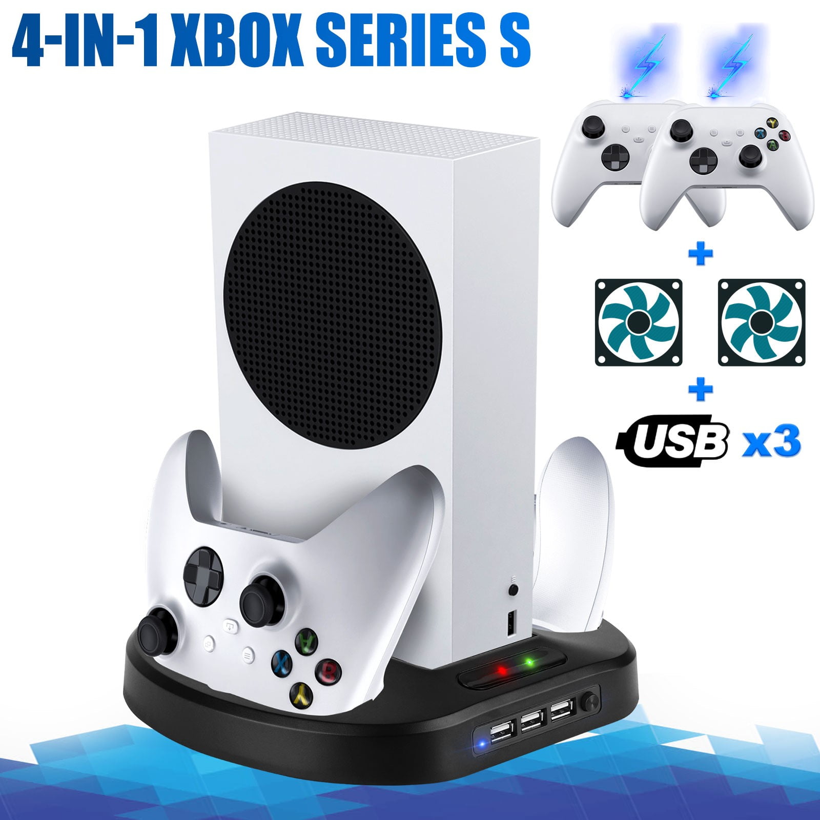 Charger Stand with Cooling Fan for Xbox Series S Console and  Controller,Vertical Dual Charging Dock Accessories with 2 x 1400mAh  Rechargeable Battery