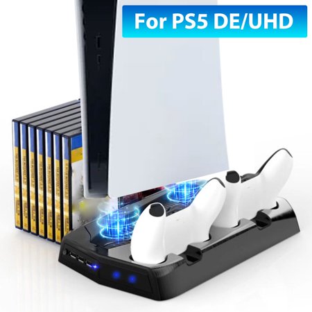 EEEkit Vertical Cooling Stand Fit for PS5 Digital Edition/Ultra HD Console, Dual Controller Fast Charging Station Dock with 2 Cooling Fans, 3 USB Hub Ports, 14 Games Disc Slots