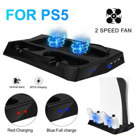 EEEkit Vertical Cooling Stand Fit for PS5 Digital Edition/Ultra HD Console, Dual Controller Fast Charging Station Dock with 2 Cooling Fans, 3 USB Hub Ports