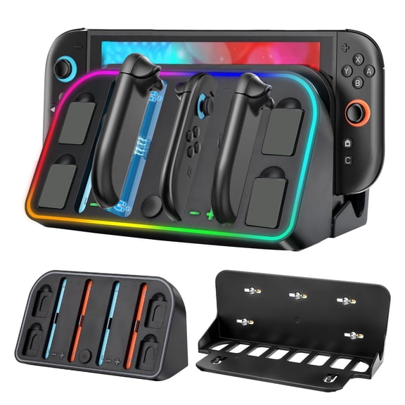 EEEkit Wall Mount Charging Dock Fit for Nintendo Switch 2, 4-Port Joy-Con 2 Charger with RGB Lights and Game Card Slots