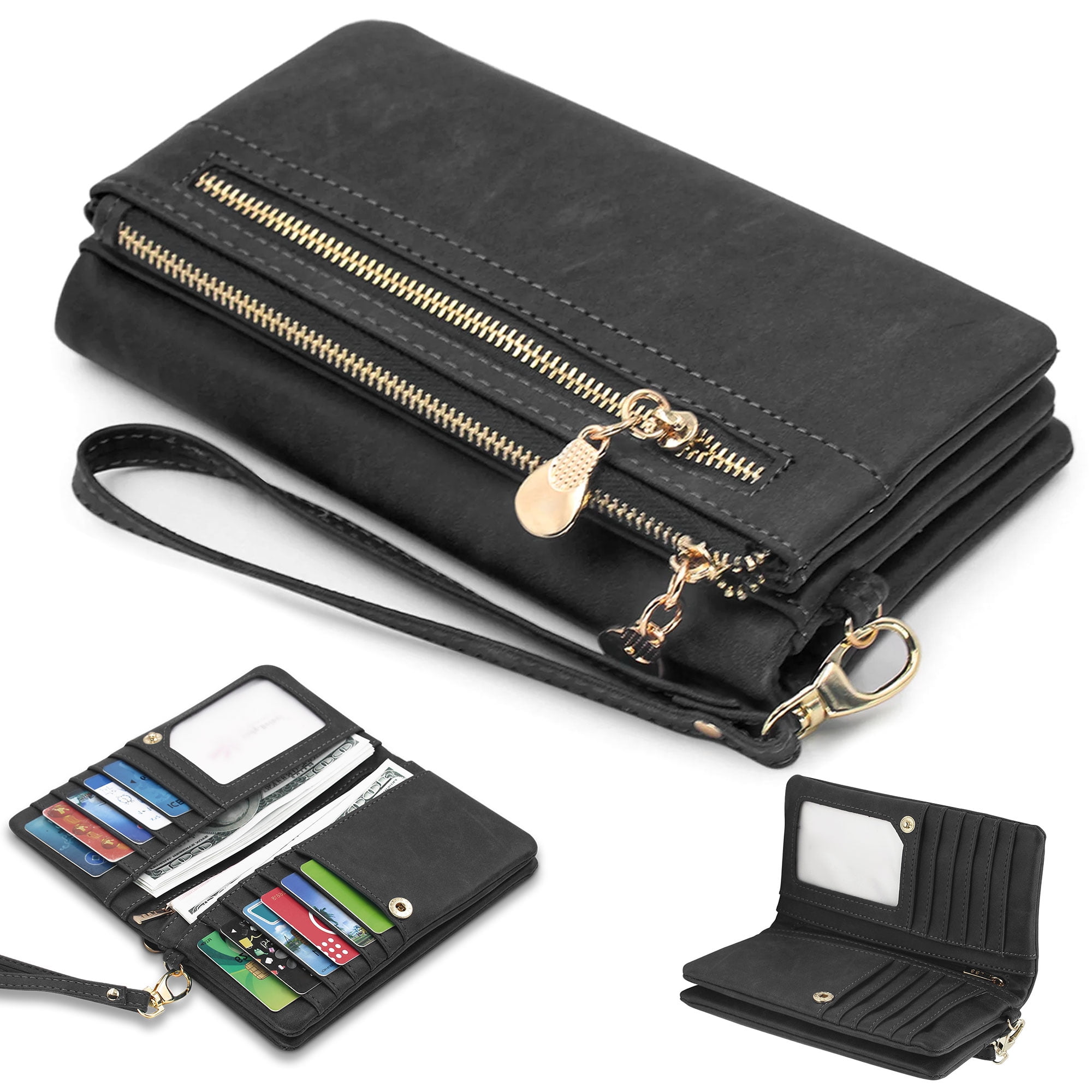 Women's Long Wallet, Large Capacity PU Leather Credit Card Holder Purse  with Wrist Strap, Zipper Closure Elegant Clutch Wallet Handbag Gifts for  Women