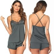 EEEkit Women's Pajama Set, V-neck Satin Cami Lace Lingerie Shorts Sleepwear Set, S/M/L/XL/XXL