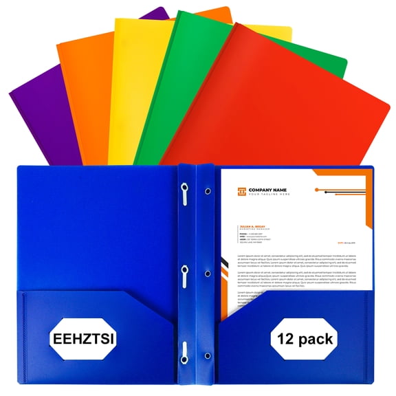 EEHZTSI 2-Pocket Plastic Folders with 3 Prong Fasteners, 8-1/2" x 11" Letter Size, 12-Pack, Assorted