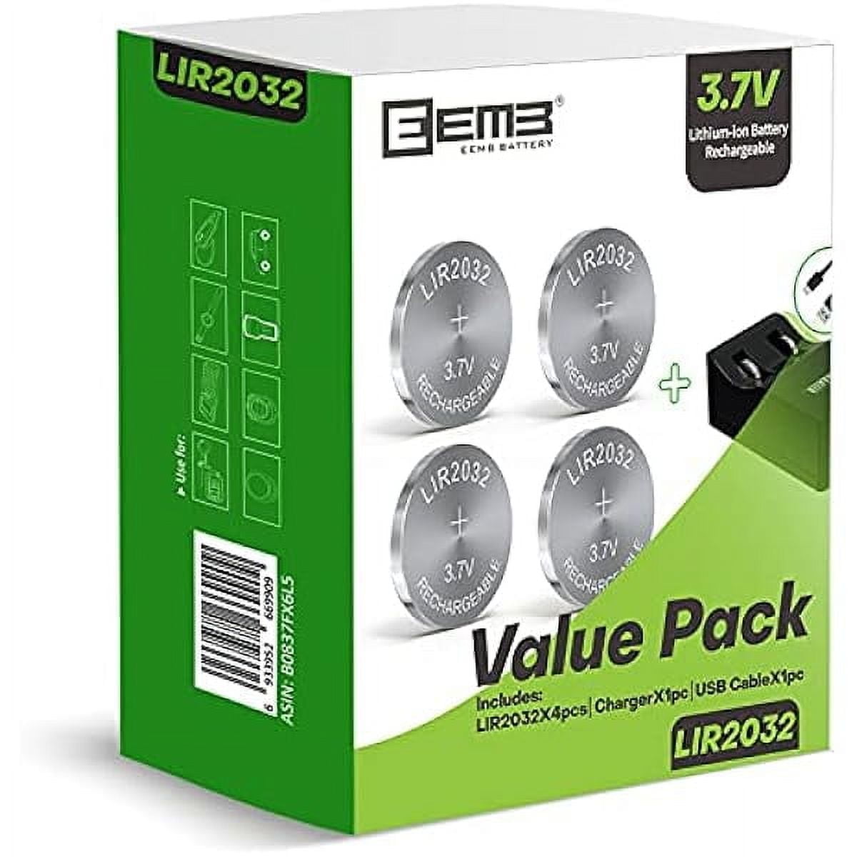 EEMB LIR2032 Rechargeable Battery Charger with 4PCS 3.7V Lithium-ion Coin Button Cell Batteries 45mAh