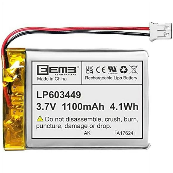 EEMB Lithium Polymer Battery 3.7V 1100mAh 603449 Lipo Rechargeable Battery with Wire JST 2.0mm Connector for Speaker and Wireless Device- Confirm Device & Connector Polarity Before Purchase