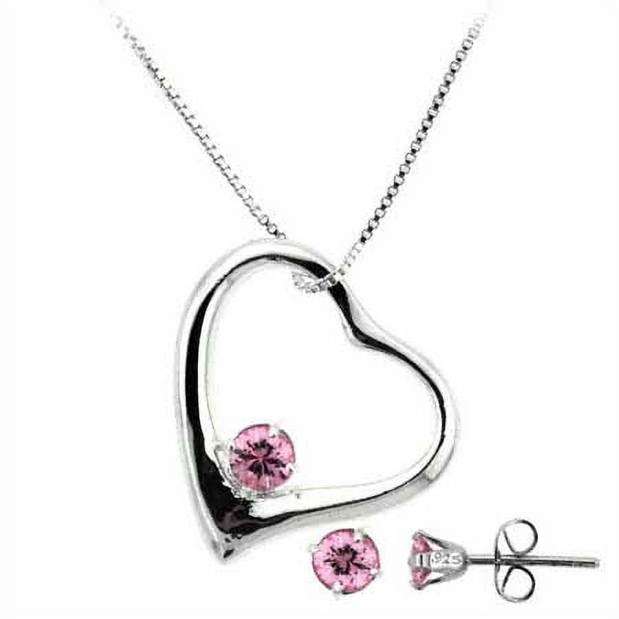 EEPHO Sterling Silver Pink CZ Open Heart Pendant and Stud Earrings Set