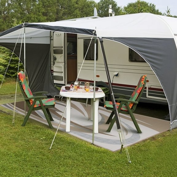 EEZ RV Products Heavy Duty Reversible RV Mats(6ft x 9ft Wave Brown)Come with Large Storage Bag & 6 Sets of Stakes and Washer