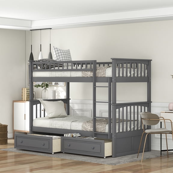 EEuroco Pine Wood Convertible Twin over Twin Bunk Bed with Storage 2 Drawers, Gray