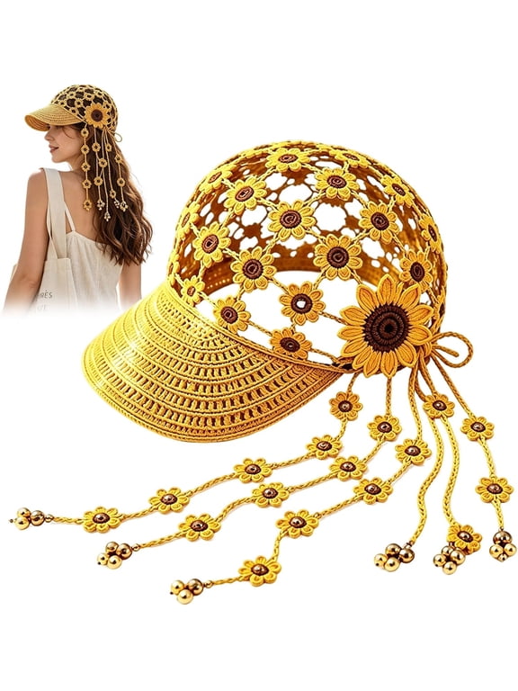 Knitted Sunflower Hollow-Out Baseball Cap, Breathable Boho Sunflower Crochet Sun Hat