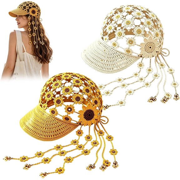 EFBPHAC Knitted Sunflower Hollow-Out Baseball Cap, Breathable Boho Sunflower Crochet Sun Hat