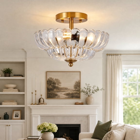 EFDELF 11.8-inch Three-Light Semi-Flush Ceiling Light, Floral Bowl-Shaped Transparent Glass Shade, E26 Lamp Holder, Suitable for Kitchens and Bedrooms