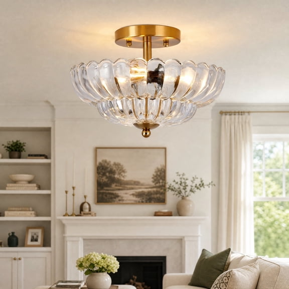 EFDELF 11.8-inch Three-Light Semi-Flush Ceiling Light, Floral Bowl-Shaped Transparent Glass Shade, E26 Lamp Holder, Suitable for Kitchens and Bedrooms