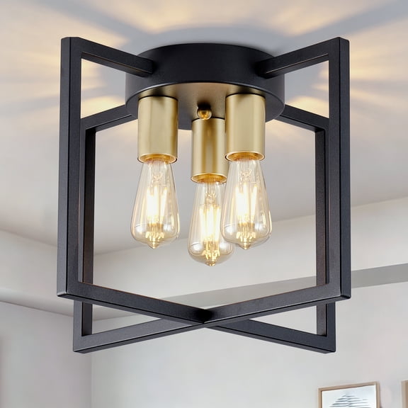 EFDELF Black and Gold Three-Head Industrial Style Ceiling Light, Geometric Semi-Recessed Ceiling Light, Suitable for Living Rooms and Hallways